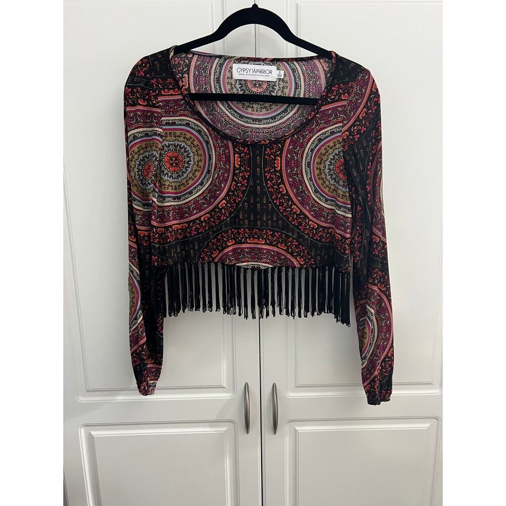 Gypsy Warrior Boho Crop Top Mandala Print Fringe Size S NWOT